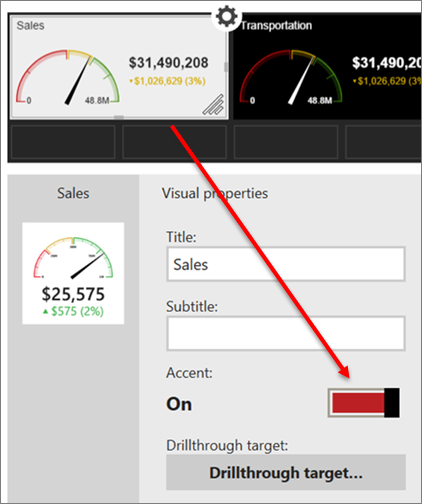 Screenshot of the Sales gauge with a red arrow pointing to the Accent slider in the On position.