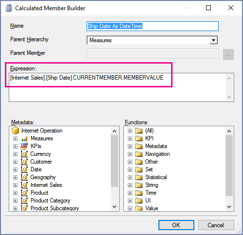 Screenshot of the Calculated Member Builder box with the Expression text box called out.