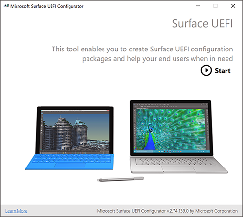 Surface UEFI 구성기 시작 화면.