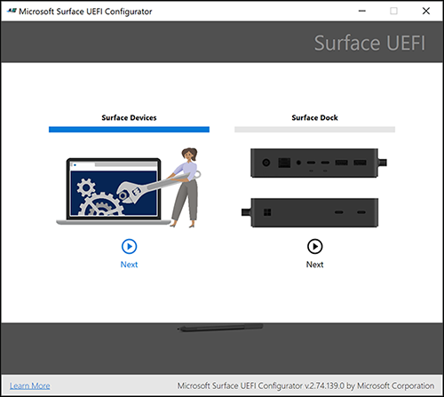 스크린샷은 선택된 Surface 디바이스 옵션을 보여줍니다.