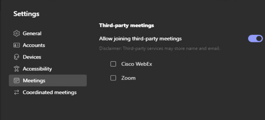 스크린샷은 Surface Hub 모임에서 타사 모임을 사용하도록 설정하는 옵션을 보여줍니다.