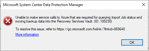 Azure Recovery Services 에이전트의 오류 화면 스크린샷.