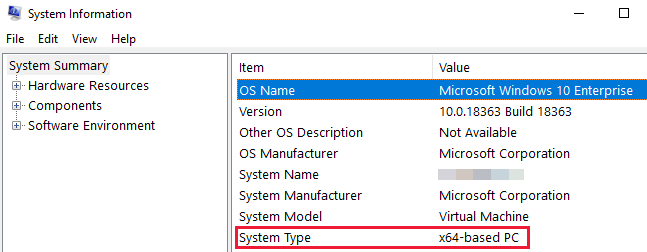 OS 이름 및 시스템 유형 항목을 강조 표시하는 시스템 정보의 스크린샷.