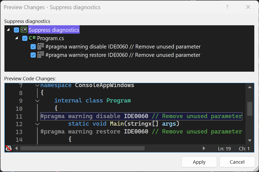 코드 파일에 #pragma 경고를 추가하기 위한 변경 내용 프리뷰 대화 상자를 보여 주는 스크린샷