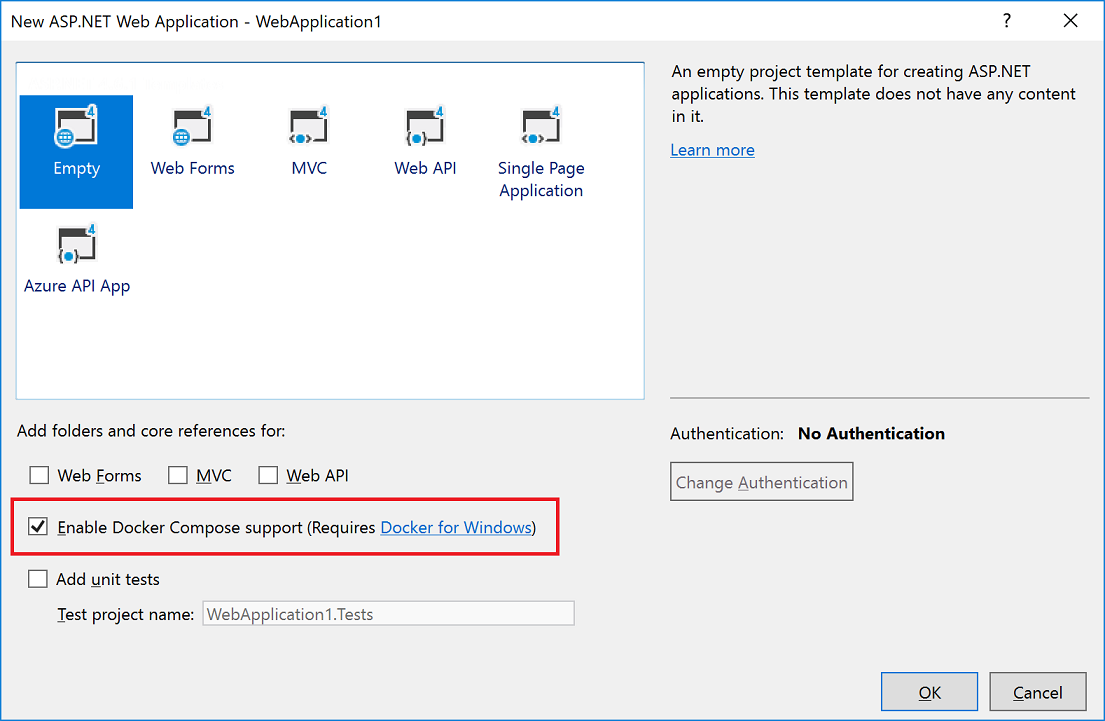 Screenshot showing how to enable Docker compose support for an ASP.NET project.