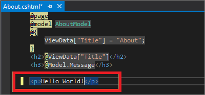Screenshot shows the About dot c s h t m l file in the Visual Studio code editor with the default text changed to Hello World!