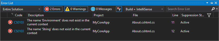 Screenshot shows the Error List toolbar in Visual Studio with Environment and String listed.