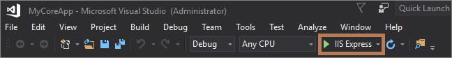 Screenshot shows I I S Express button highlighted in the toolbar in Visual Studio.