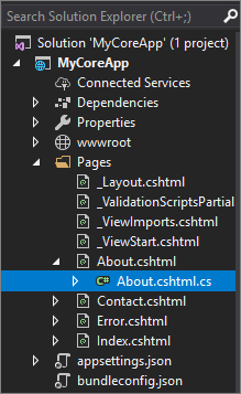 Screenshot shows the About dot c s h t m l dot c s file selected in the Solution Explorer in Visual Studio.