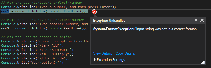 Visual Studio 코드 편집기에서 처리되지 않은 형식 오류를 보여 주는 스크린샷.