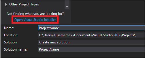 새 프로젝트 대화 상자에서 Visual Studio 설치 관리자 열기 링크 선택을 보여 주는 스크린샷.