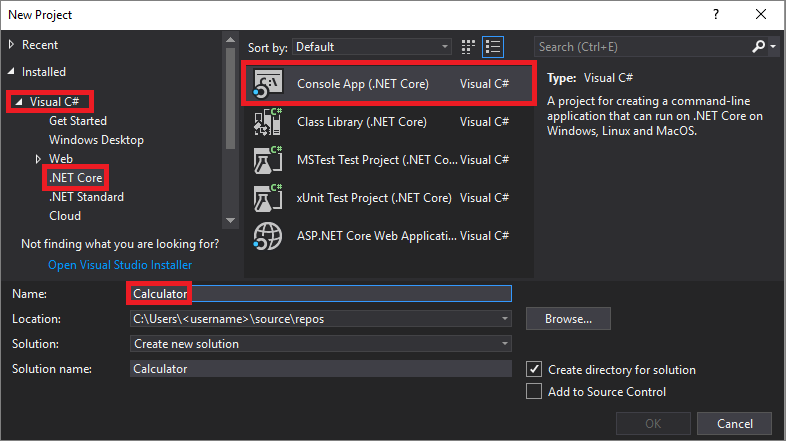 Visual Studio IDE에서 새 프로젝트 대화 상자의 콘솔 앱(.NET Core) 프로젝트 템플릿을 보여 주는 스크린샷.