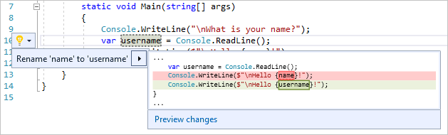 Visual Studio의 이름 바꾸기 작업을 보여 주는 스크린샷.