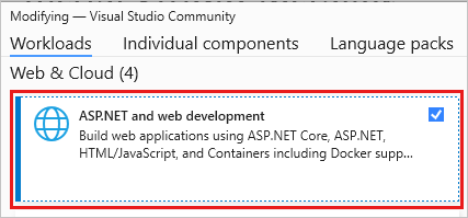 Visual Studio 설치 관리자에서 워크로드를 수정하는 것을 보여 주는 스크린샷