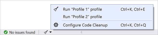 Visual Studio의 코드 정리 아이콘 및 메뉴를 보여 주는 스크린샷.