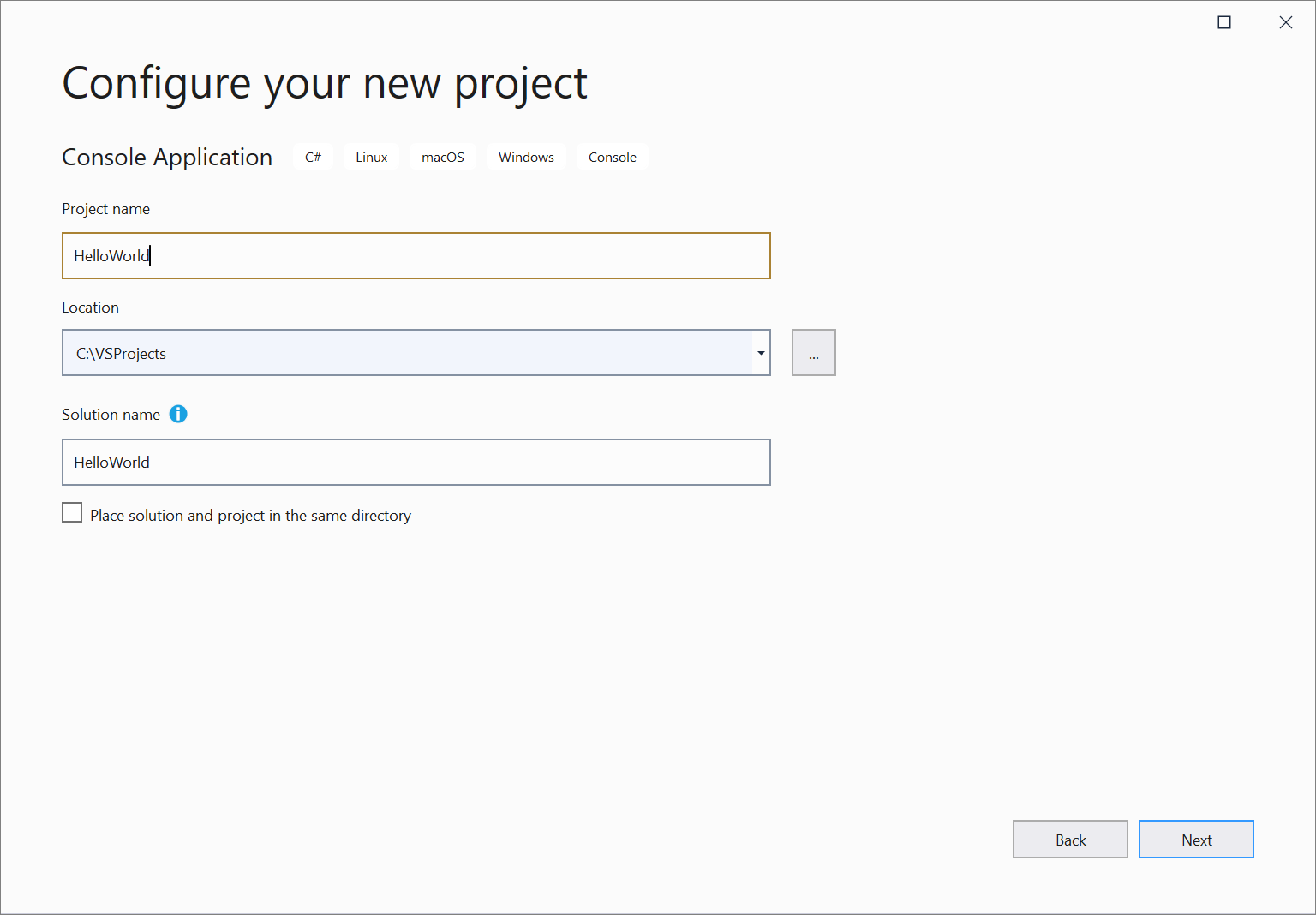 프로젝트 이름을 입력하는 Visual Studio 2019의 '새 프로젝트 구성' 창 스크린샷입니다.