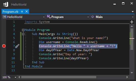 Visual Studio 코드 줄의 중단점을 보여 주는 스크린샷.