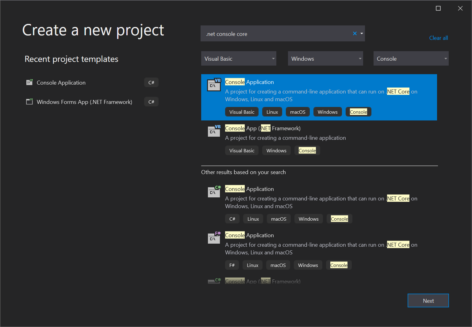 원하는 템플릿을 선택할 수 있는 Visual Studio 2019의 '새 프로젝트 만들기' 창의 스크린샷입니다.