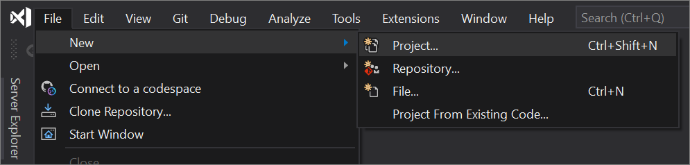 Visual Studio 2019 메뉴 모음에서 파일 > 새로 만들기 > 프로젝트 선택을 보여 주는 스크린샷.