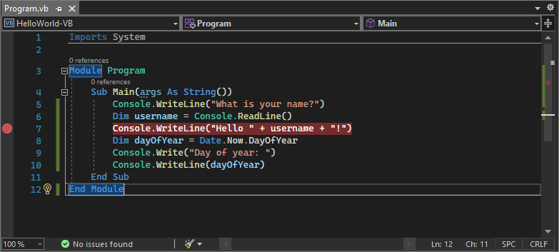 Visual Studio 코드 줄의 중단점을 보여 주는 스크린샷.