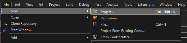 Visual Studio 메뉴 모음에서 파일 > 새로 만들기 > 프로젝트 선택을 보여 주는 스크린샷.