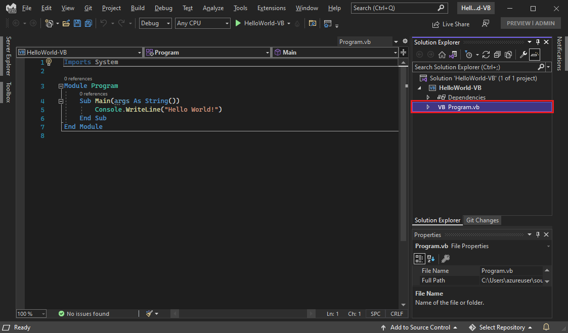 편집기에 Program.vb 코드가 있는 Visual Studio IDE를 보여 주는 스크린샷.