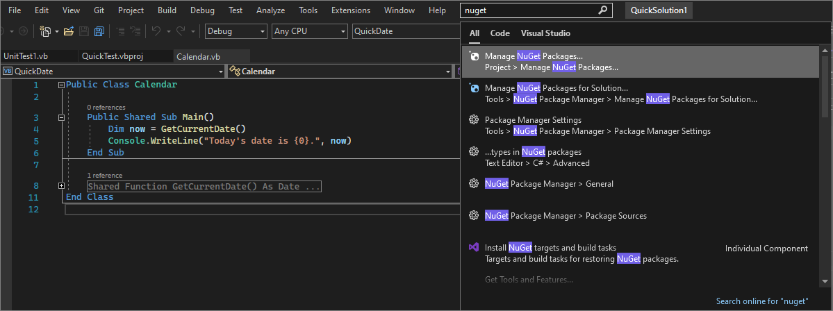 Visual Studio에서 빠른 실행 검색 상자를 보여 주는 스크린샷.