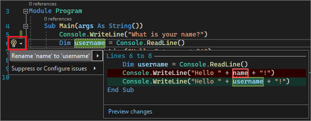 Visual Studio의 이름 바꾸기 작업을 보여 주는 스크린샷.
