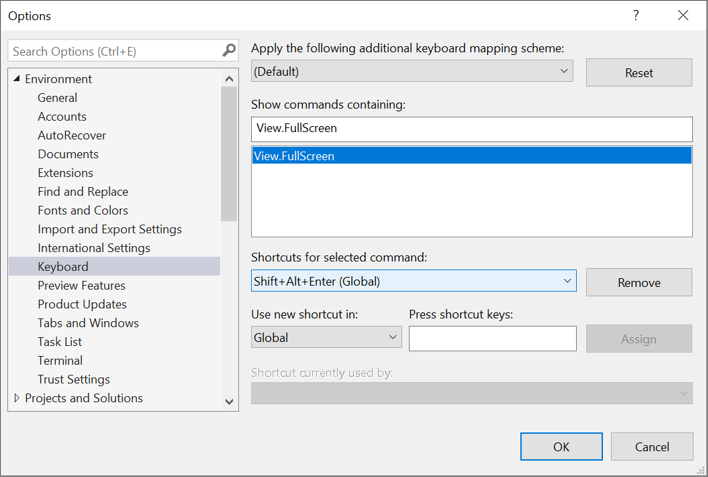 Screenshot of the View.FullScreen command from the keyboard mapping scheme available from the Options dialog.