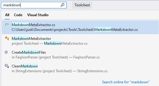 Visual Studio 검색을 사용하여 파일을 검색하는 예제를 보여 주는 스크린샷.
