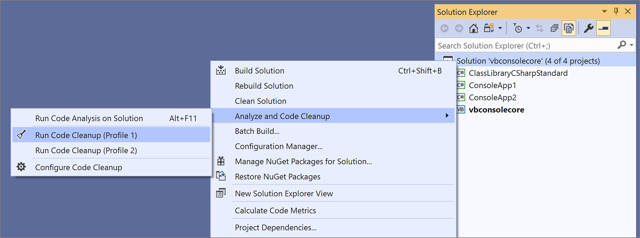Screenshot of how to run Code Cleanup across an entire project or solution.