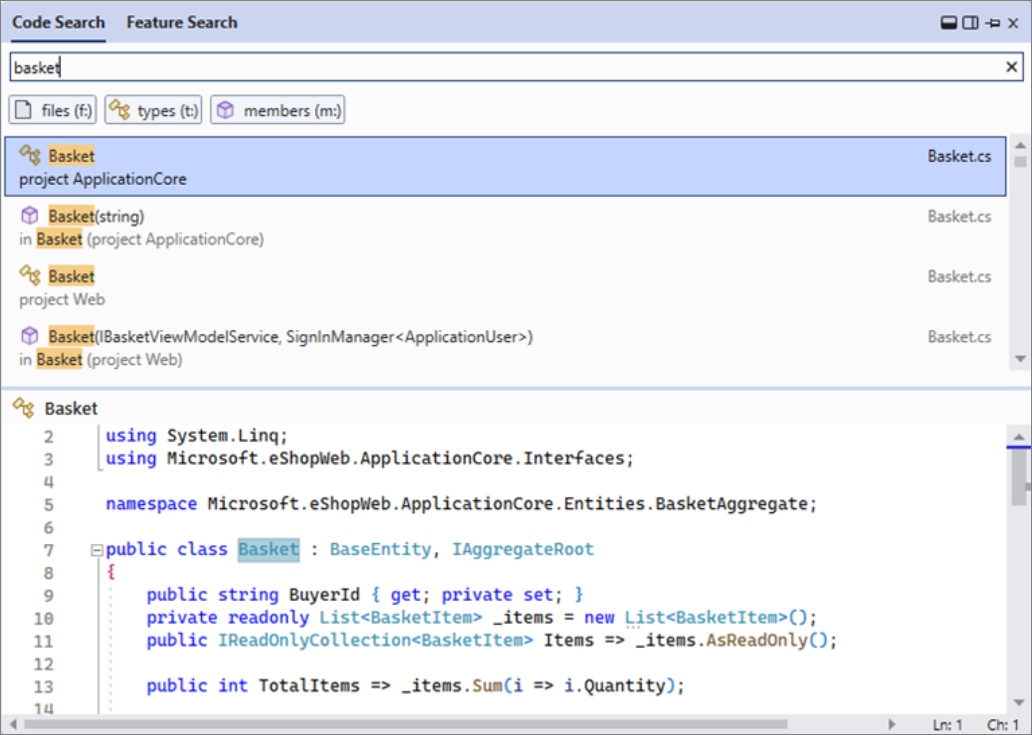 Visual Studio 2022 버전 17.6 이상의 올인원 검색 환경 스크린샷.