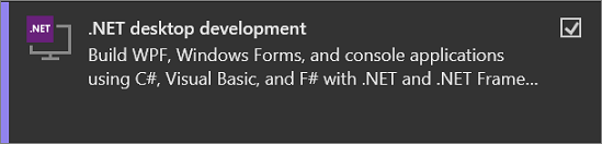 Screenshot showing the .NET desktop development workload in the Visual Studio Installer.