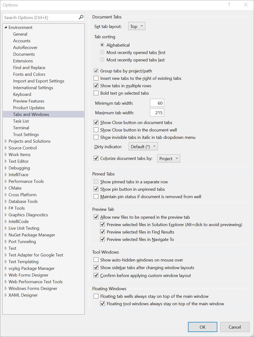 Screenshot of the Tabs and Windows options dialog in Visual Studio 2022.