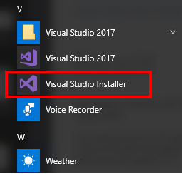 Windows 10 시작 메뉴의 Visual Studio 설치 관리자 항목 스크린샷