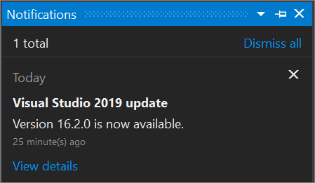 Visual Studio 2019의 알림 허브 스크린샷
