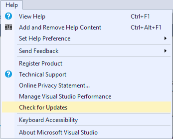Visual Studio의 도움말 메뉴를 보여 주는 스크린샷