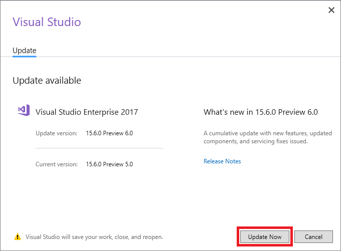 Visual Studio 2017 알림 허브에서 시작된 업데이트 대화 상자의 지금 업데이트 단추 스크린샷