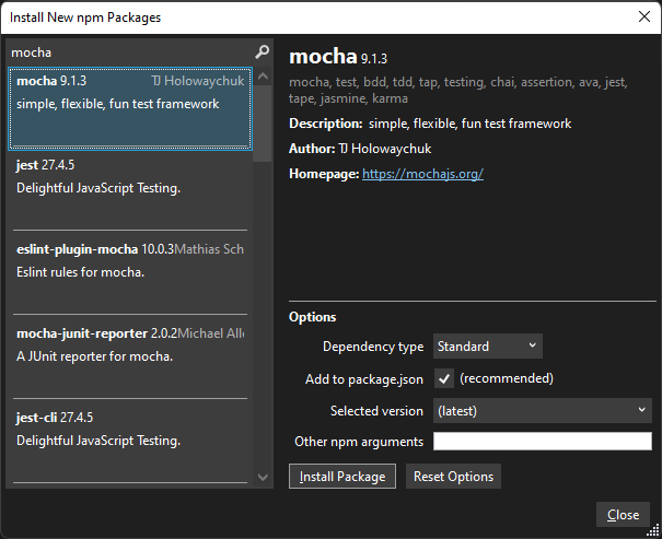 Screenshot of the Install New npm Packages dialog.