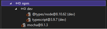 Screenshot of the npm node in Solution Explorer showing the installation status of the npm packages.