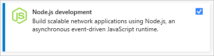 Visual Studio 설치 관리자 선택한 Node j의 워크로드를 보여 주는 스크린샷