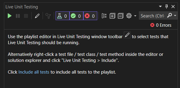 Live Unit Testing이 처음 시작될 때 표시되는 도구 창을 보여주는 스크린샷.