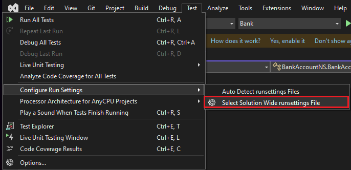 Visual Studio의 테스트 솔루션 전체 runsettings 파일 메뉴 선택