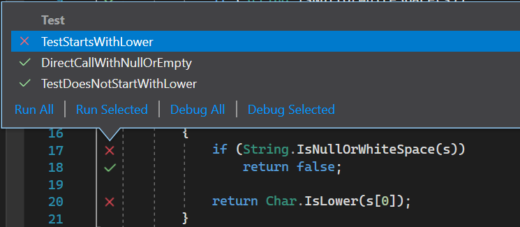 Visual Studio의 기호가 나타내는 테스트 상태를 보여주는 스크린샷.