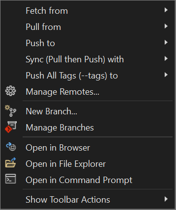 The context menu that appears after you select the ellipsis button control in the Git Changes window in Visual Studio 2022.