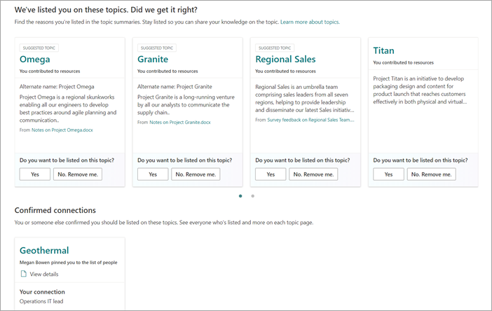 사용자가 제안된 topics 대한 연결을 확인하거나 제거할 수 있는 제안된 topics 표시하는 토픽 센터의 예입니다.