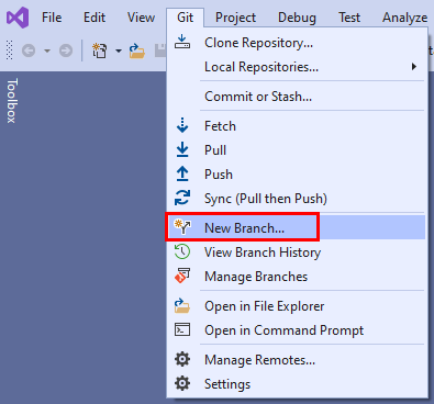 Visual Studio의 Git 메뉴에 있는 '새 분기' 옵션의 스크린샷