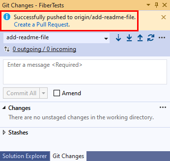 Visual Studio의 'Git 변경 내용' 창에 있는 '끌어오기 요청 만들기' 링크의 스크린샷