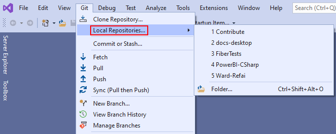 Visual Studio의 Git 메뉴에 있는 '로컬 리포지토리' 옵션의 스크린샷