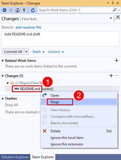 Visual Studio 2019의 팀 탐색기에서 변경된 파일 상황에 맞는 메뉴의 스테이지 옵션 스크린샷